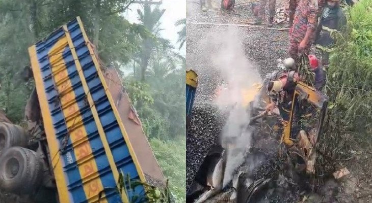 কুষ্টিয়ায় পাথরবোঝাই ট্রাক উল্টে আগুন, চালক ও হেল্পার নিহত